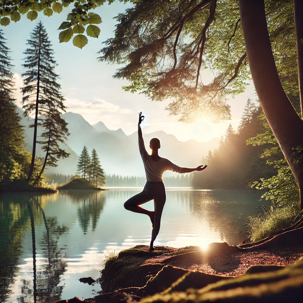 Yoga practice by a serene lake